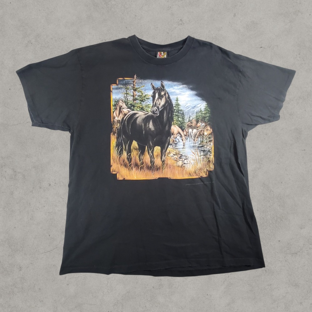 Vintage 3D Emblem Wild Horses Shirt Mens XL Black Single Stitch 1994 Made in USA